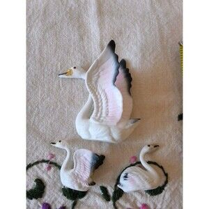 Miniature Bone China Swan Bird Family Lot of 3 Anamorphic Unique Japan Vintage